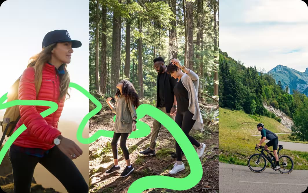 Forskjellige personer og grupper som nyter forskjellige aktiviteter i naturen: en ryggsekkturist går med et smil om munnen, en familie går rolig gjennom en furuskog, og en syklist begynner på stigningen opp en frodig fjellvei.